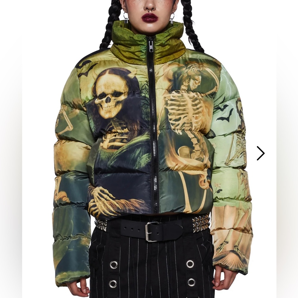 Trickz N Treatz x Dolls Kill “Cursed Image” Skull Puffer Jacket